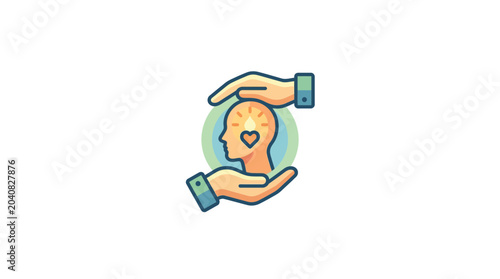 Foto Mental Health Care Icon: Hands Protecting Head with Heart Symbol