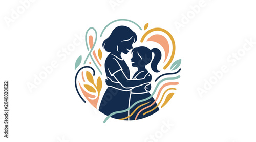Quadro su tela Mother and Daughter Hugging with Abstract Floral Elements