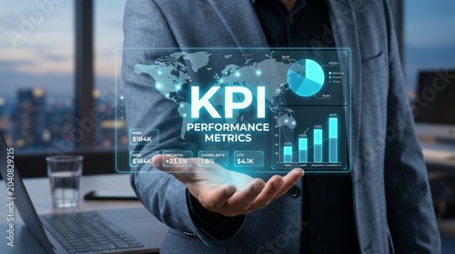 Businessman holding a digital holographic interface displaying key performance indicators kpi and business analytics metrics in a modern office setting