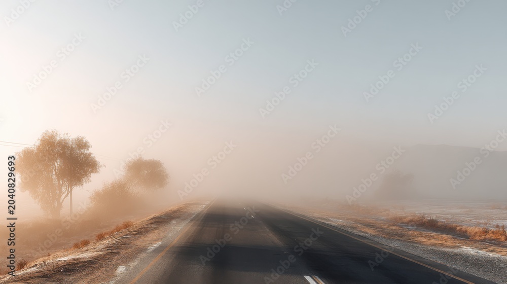 Fototapeta premium Foggy rural road at dawn, empty asphalt stretching toward misty horizon, lone tree silhouette, frostkissed grasses, pastel sky, muted tones and tranquil stillness suggesting slow travel and quiet