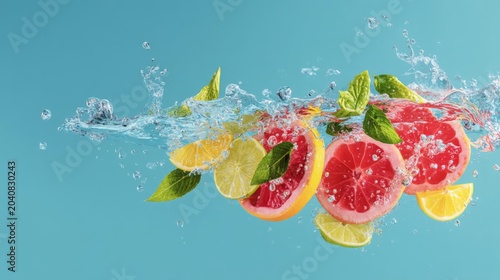 Fresh Citrus Splash with Grapefruit and Lemon Slices Surrounded by Water Bubbles on a Light Blue Background for Refreshing Beverage or Health Concepts