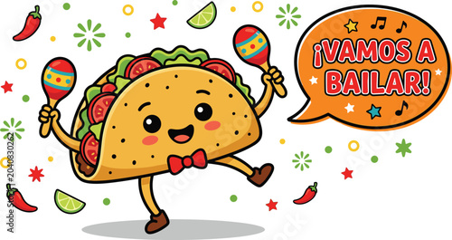 Cute Dancing Taco Cartoon Character Shaking Maracas with Spanish Text for Mexican Food Restaurant Menu, Fiesta Party Banner, and Digital Graphics