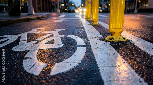 Urban Bike Lane Symbol on Wet Asphalt Road at Dusk with Yellow Bollards. Generative AI 