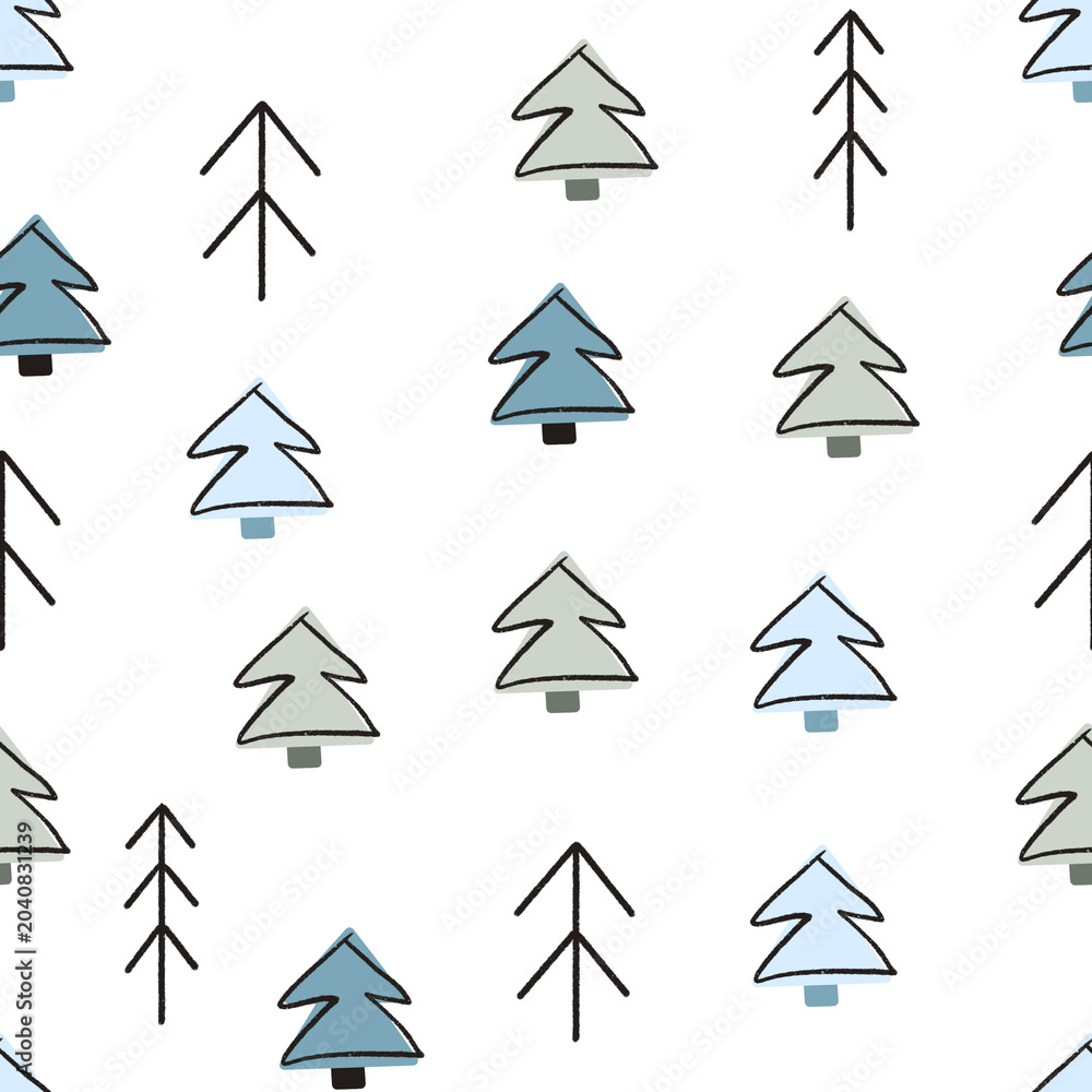 Obraz premium Minimal hand-drawn coordinate pattern featuring simple pine trees and Scandinavian-inspired forest symbols in muted blue and sage green tones on a soft gray background. Designed as a versatile compani