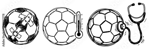 Soccer balls with stethoscope thermometer and bandages for medical checkup in hand drawn doodle style
