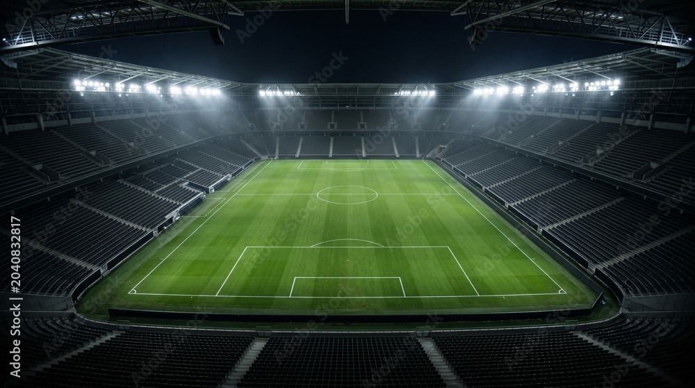 Obraz premium High angle view of a professional green football stadium pitch under stadium lights