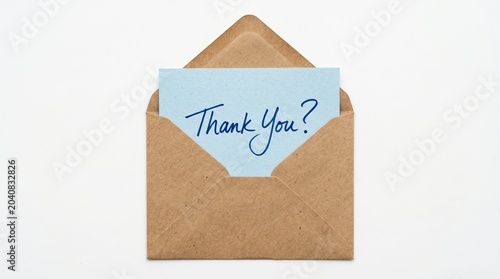 Handwritten Thank You Note in Kraft Paper Envelope on White Background Minimalist Gratitude Concept