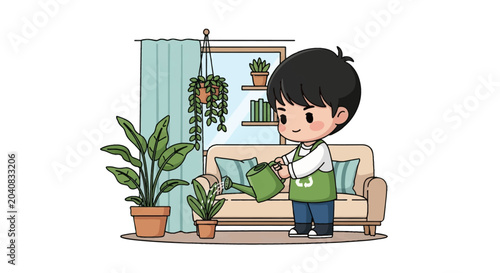 Chibi boy character with black hair wearing green recycling apron watering indoor potted house plants with a green watering can in a living room scene with sofa and window.
