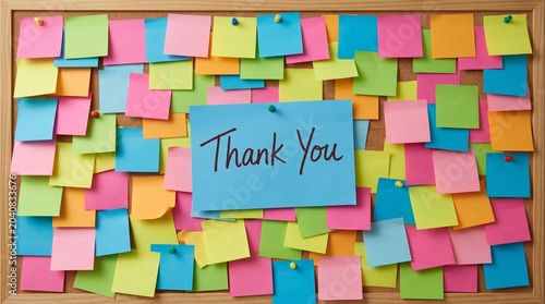 Colorful sticky notes with thank you message on vibrant multicolored background