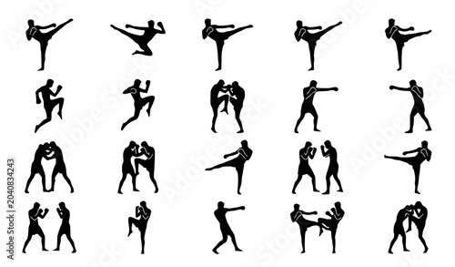 Foto Kickboxing fighter silhouette collection with Muay Thai combat poses vector illu
