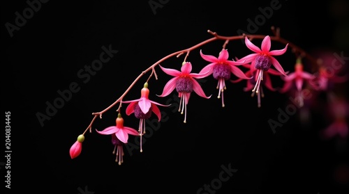Beautiful pink fuchsia flowers hanging on a delicate branch against a deep dark black background