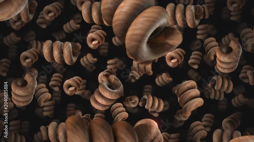 A background of spinning 3D carved wooden style shapes on an endless loop.
