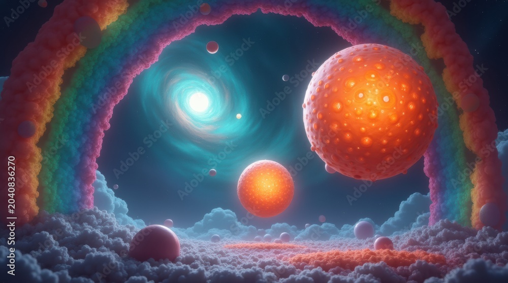 Obraz premium Bright colorful planets floating in deep dark outer space with glowing stars and a mysterious glowing nebula landscape