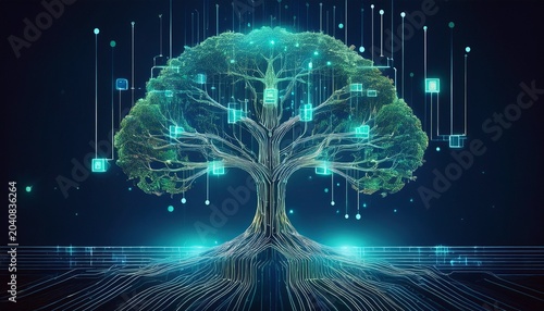 blockchain tree branching into digital roots