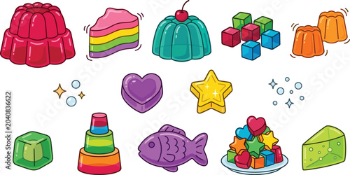 Tableau sur toile Colorful Jelly Candy and Gelatin Dessert Collection Featuring Heart Star Fish Cu