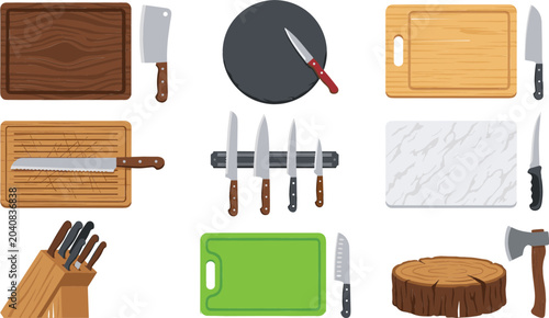 Cuadro en lienzo Kitchen cutting tools and chopping board vector collection featuring chef knives