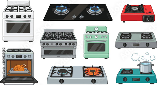 Bilde på lerret Gas stove and cooking range vector collection featuring kitchen ovens, portable