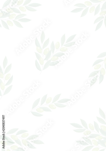 Template with olive branches on white background. Vector illustration for recipe, menu, poster. Opacity. Copy  space.