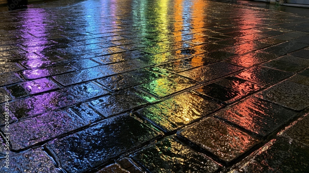 Fototapeta premium Wet stone path reflects vibrant, colorful lights in a shimmering display