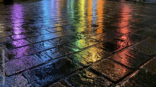 Wet stone path reflects vibrant, colorful lights in a shimmering display