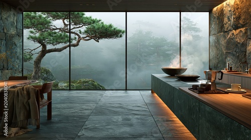 Luxury kitchen interior with stone walls overlooking foggy pine forest