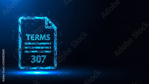 Digital illustration of a glowing document labeled 'TERMS 307' against a dark background, symbolizing terms and conditions or legal agreements with a redirection status code.