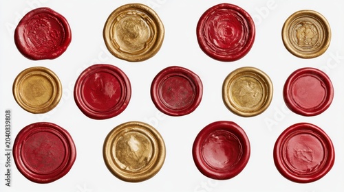 Red and gold wax seals scattered across white background, glossy circular impressions and textured edges create luxurious vintage stationery mood, artisanal branding and invitation concept, studiolit