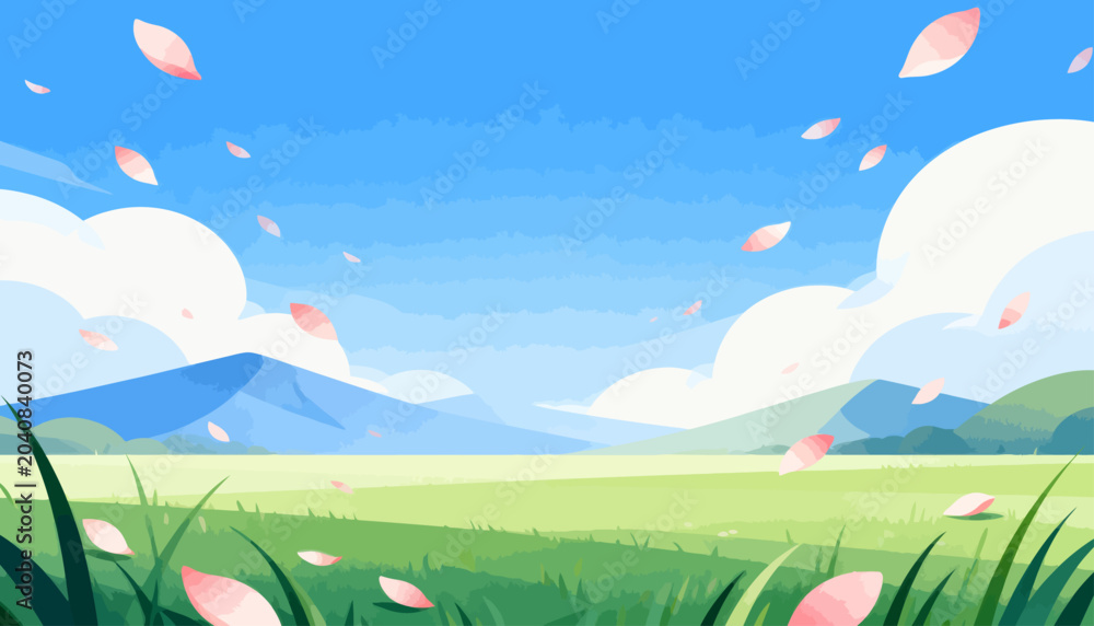 Obraz premium Soft pink petals drift through gentle blue skies. Lush green grass sways beneath distant, hazy mountains. Clouds float lazily, adding calm to the tranquil scene. Nature's quiet beauty invites peace