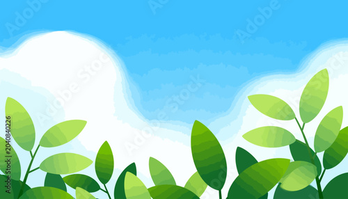 Bright green leaves peek above soft white clouds. Clear blue sky frames the fresh, vibrant foliage. Nature's simplicity brings calm and renewal. Perfect for eco-themed designs, wellness banners