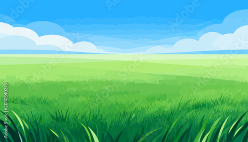 Vast green field stretches under clear blue sky. White clouds drift gently above the horizon. Fern-like blades of grass frame the foreground. Sunlit meadow feels peaceful and inviting