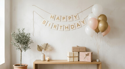Minimalist Birthday Decoration Layout with Happy Birthday Banner, Neutral Balloons, and Wrapped Gift Boxes on a Wooden Table