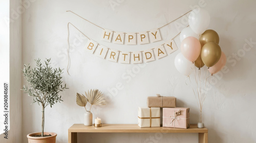 Minimalist Birthday Decoration Layout with Happy Birthday Banner, Neutral Balloons, and Wrapped Gift Boxes on a Wooden Table
