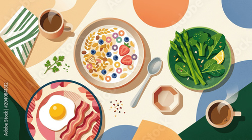 Vector Illustration of a Healthy Breakfast Layout with Cereal Bowl, Fried Egg, Bacon, and Green Vegetables