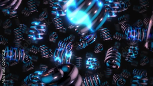 A background of spinning 3D dark chrome style electric style shapes on an endless loop.
