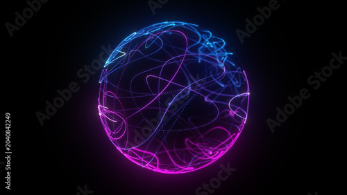 Glowing vibrant particle 3d sphere in the Universe. Abstract technology, science, engineering, and artificial intelligence background. blue pink glowing sphere, energy orb. Virtual picture background.