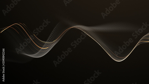 Fotografie Golden flowing dotted wave line with warm amber and bronze glow on deep black background