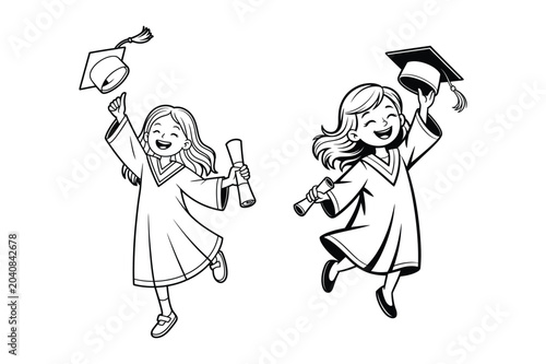 Happy children celebrating graduation in gowns and caps holding diploma certificate vector line art illustration