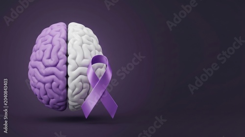 Purple awareness ribbon with human brain symbolizing Alzheimer's disease, dementia awareness, cognitive health and neurological research. Healthcare campaign concept with copy space