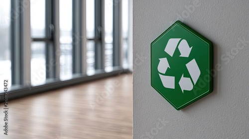 Green hexagonal recycling symbol affixed to a white wall near a large window