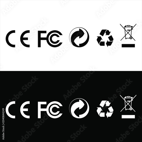 CE Mark, FCC Logo,Recycling Symbol, Green Dot Symbol and WEEE Symbol (Wheelie Bin) vector sign
