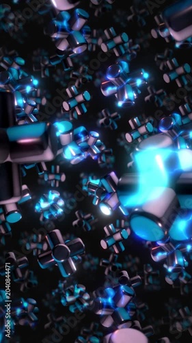 A background of spinning 3D dark chrome style electric style shapes on an endless loop.

