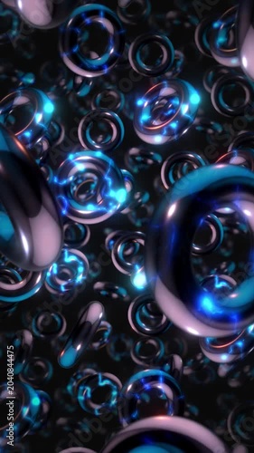 A background of spinning 3D dark chrome style electric style shapes on an endless loop.
