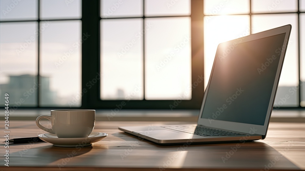 Fototapeta premium Sunlit desk with laptop and coffee cup, overlooking city through window