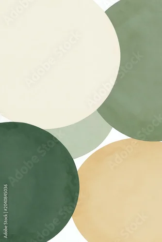 Panel kuchenny z motywem Abstract overlap circles in muted green and beige tones. Minimalist watercolor shapes on white background. Organic forms with soft texture. Geometric composition.