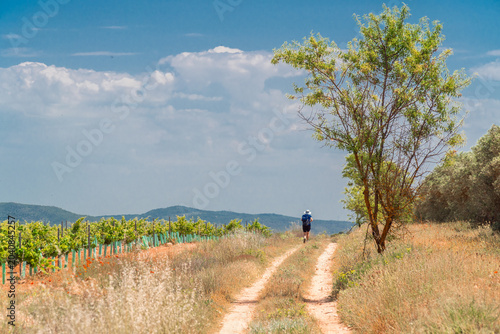 Woman hiking on a hot summer day. 