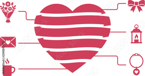 Heart icon serves as a central hub for various romantic symbols and lifestyle icons arranged in a diagrammatic layout.