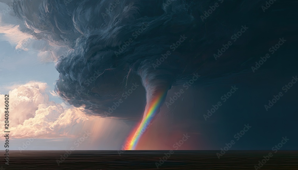 Fototapeta premium A powerful, swirling vortex of dark clouds with a vibrant rainbow emerges