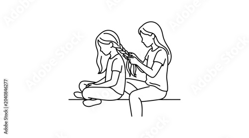 Foto Sister braiding hair, childhood friendship, simple line art illustration