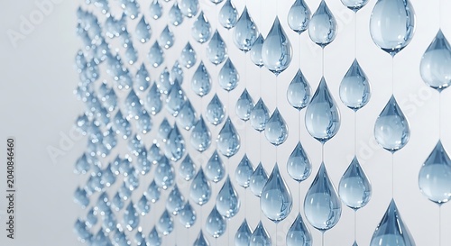 Abstract background of numerous clear water droplets suspended and falling like rain with a clean minimalist aesthetic and a soft blue hue