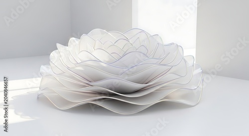 Abstract translucent layered sculpture resembling a flower with soft light and shadows perfect for modern design backgrounds and conceptual art